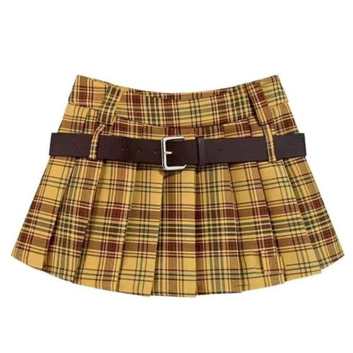 Boogzel Apparel Double Belt Plaid Pleated Skirt in Yellow