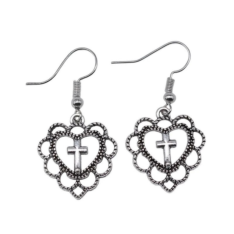 Boogzel Apparel Everlasting Love Heart Cross Earrings