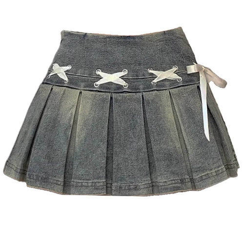 Boogzel Apparel Fairy Grunge Lace Up Denim Pleated Skirt