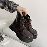 Boogzel Apparel Fall Aesthetic Lacquered Lace Up Boots, view 2