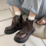 Boogzel Apparel Fall Aesthetic Lacquered Lace Up Boots, view 5