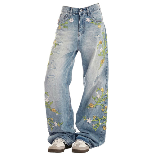 Boogzel Apparel Floral Vine Fairycore Embroidery Jeans
