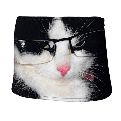 Boogzel Apparel Glasses Cat Print Micro Skirt