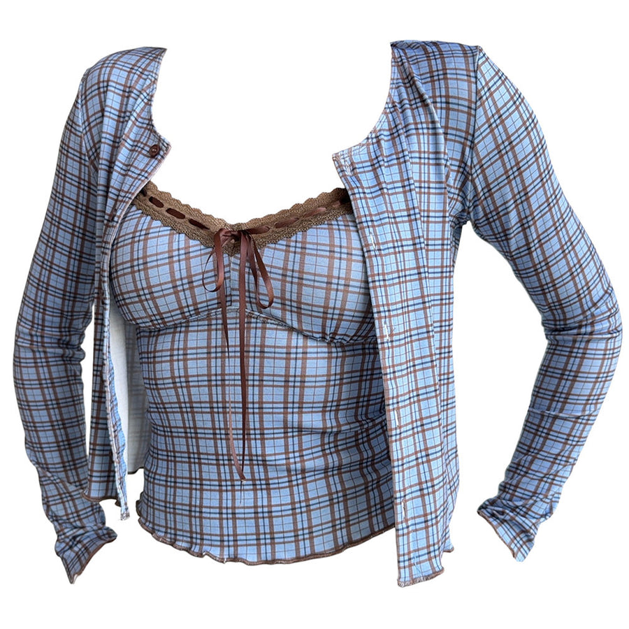 Boogzel Apparel Gossip Goes Around Plaid Top + Cardigan Set