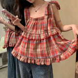 Boogzel Apparel Grandma Aesthetic Plaid Bow-Tie Top, view 3