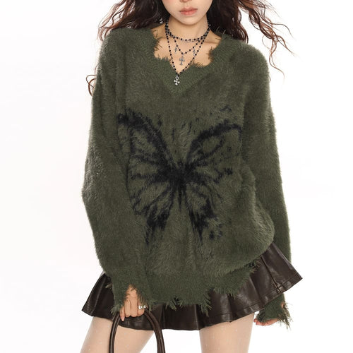 Boogzel Apparel Grunge Butterfly Fuzzy Knit Sweater