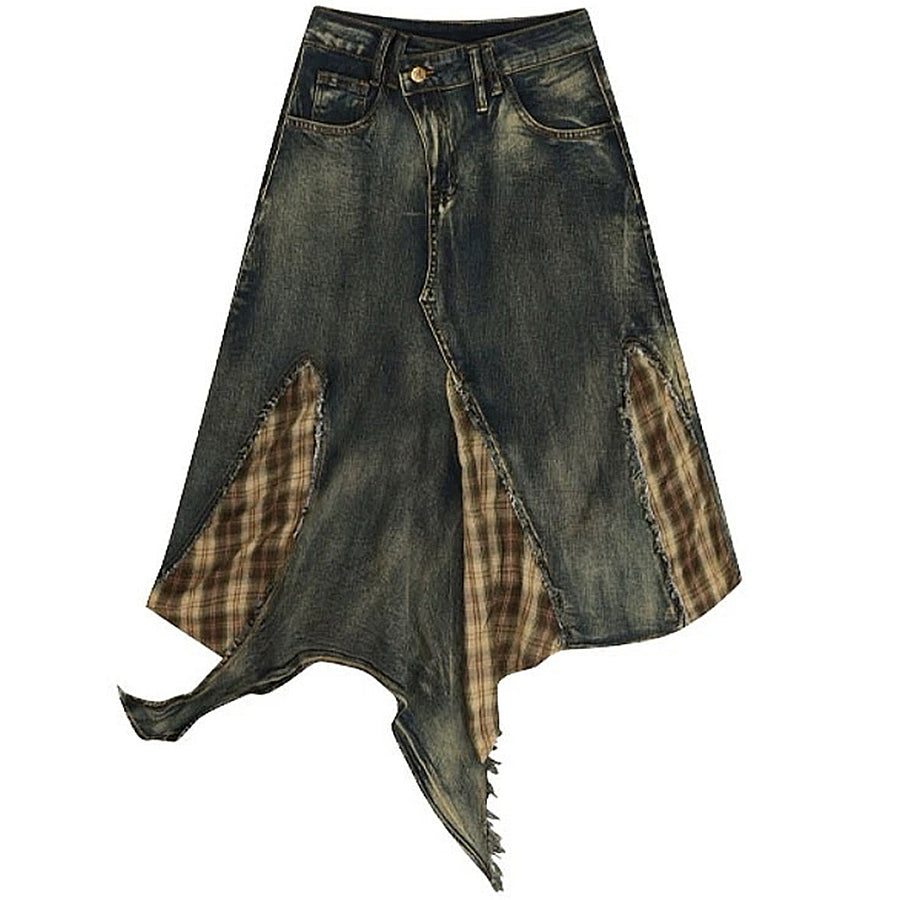Boogzel Apparel Grunge Patchwork Plaid Denim Skirt