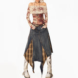 Boogzel Apparel Grunge Patchwork Plaid Denim Skirt, view 4
