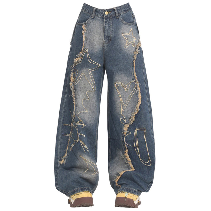 Boogzel Apparel Heart & Star Fringe Wide Jeans