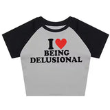 Boogzel Apparel I Love Being Delusional Y2K Crop Top, view 3