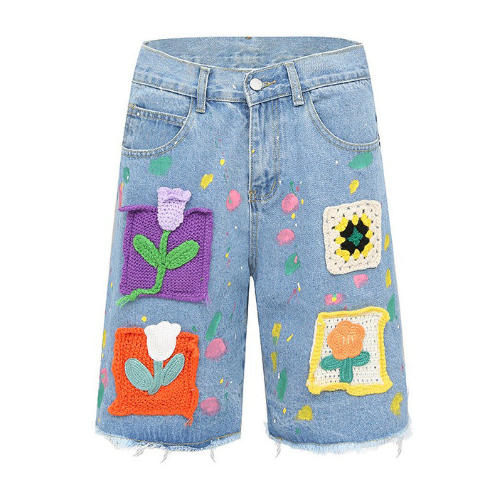 Boogzel Apparel Indie Aesthetic Crochet Flower Denim Shorts