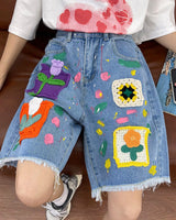 Boogzel Apparel Indie Aesthetic Crochet Flower Denim Shorts, view 6