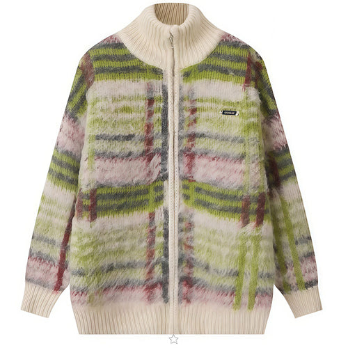 Boogzel Apparel Indie Kid Fuzzy Plaid Zip Up Sweater