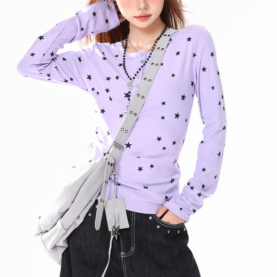 Boogzel Apparel Lavender Star Print Henley Top