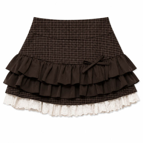 Boogzel Apparel Library Crush Brown Plaid Ruffle Mini Skirt