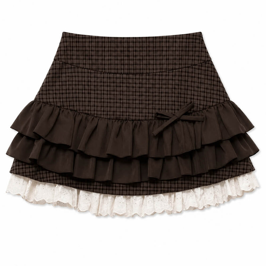 Boogzel Apparel Library Crush Brown Plaid Ruffle Mini Skirt