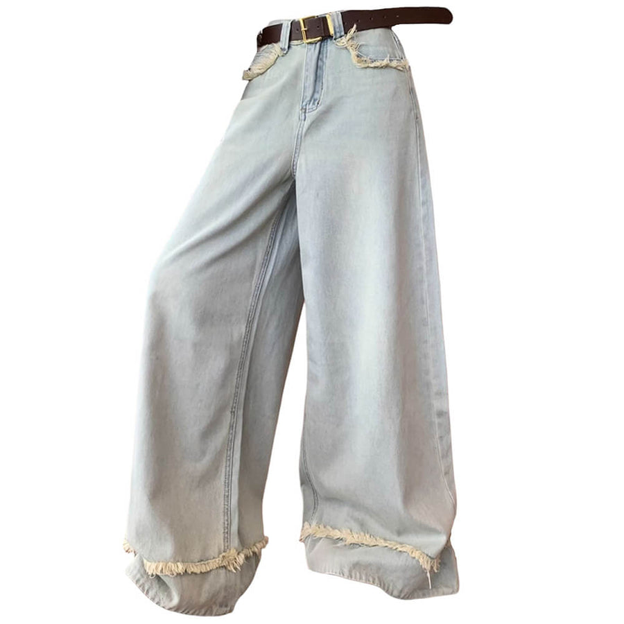 Boogzel Apparel Light Blue Frayed Wide-Leg Jeans