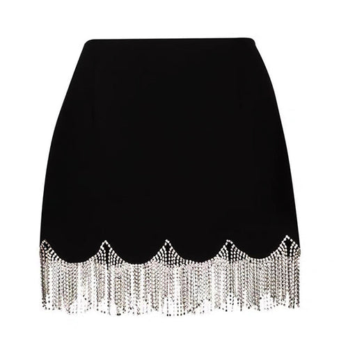 Boogzel Apparel Midnight Rhinestone Fringe Skirt