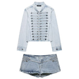 Boogzel Apparel Model Casting Frogging Denim Jacket & Shorts Set, view 2