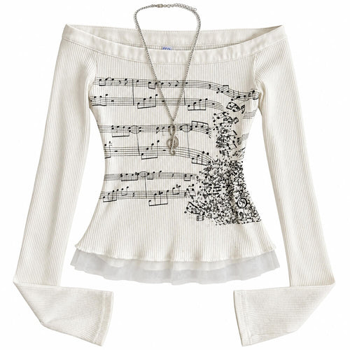 Boogzel Apparel Music Note Off Shoulder Long Sleeve Top
