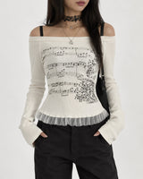 Boogzel Apparel Music Note Off Shoulder Long Sleeve Top, view 2