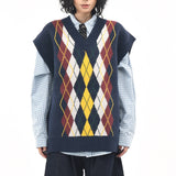 Boogzel Apparel Oversized Argyle V-Neck Grandpa Knit Vest, view 2