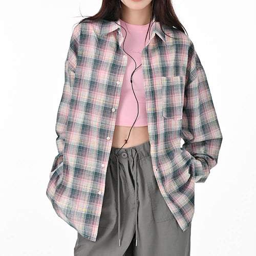 Boogzel Apparel Pink and Green Plaid Button-Up Shirt