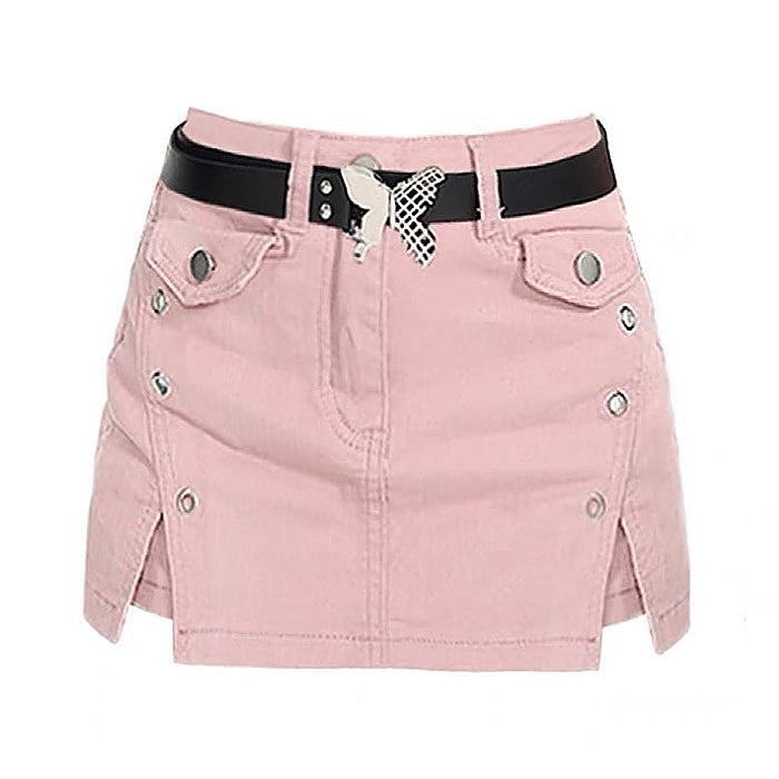 Boogzel Apparel Pink Denim Skort with Butterfly Belt
