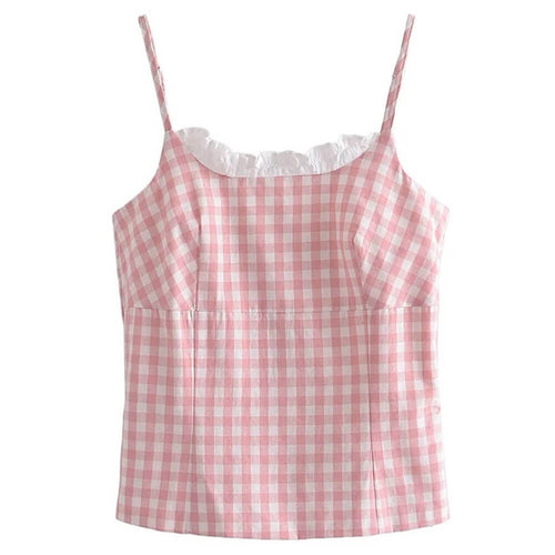 Boogzel Apparel Pink Gingham Lace Trim Cami Top