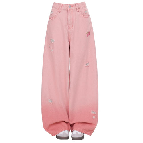 Boogzel Apparel Pink Peaches Embroidery Baggy Jeans