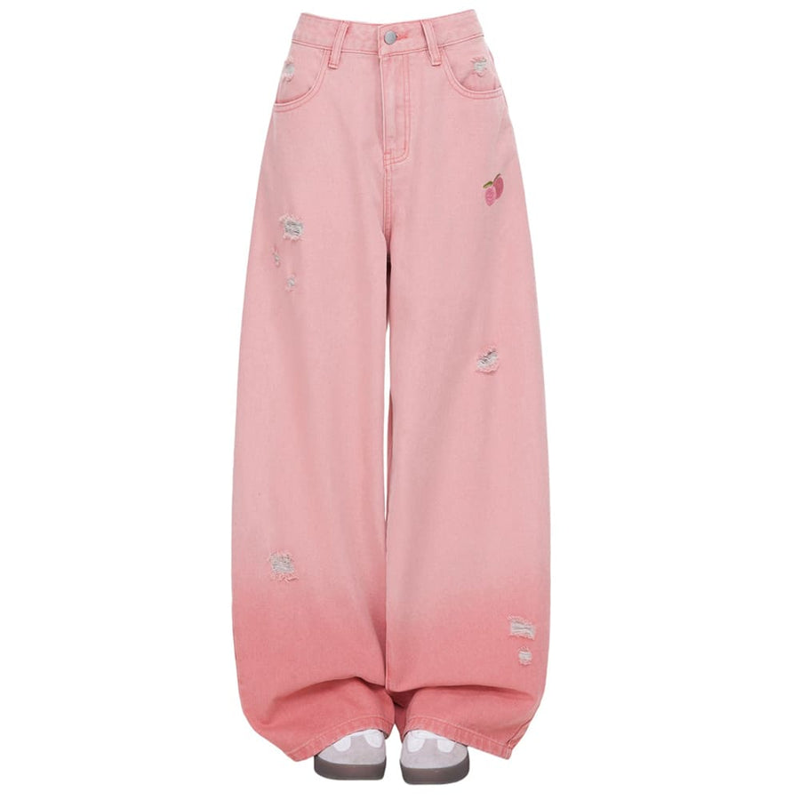 Boogzel Apparel Pink Peaches Embroidery Baggy Jeans