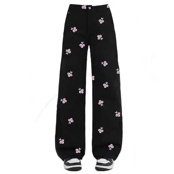 Boogzel Apparel Pink Rose Embroidery Wide Leg Pants