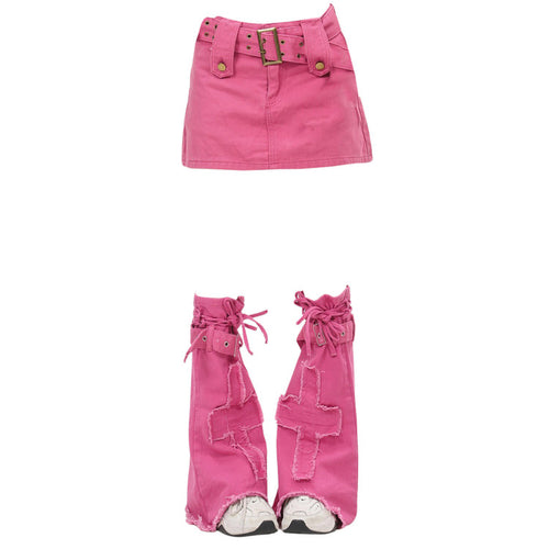 Boogzel Apparel Pink Y2K Mini Skirt & Leg Warmers Set