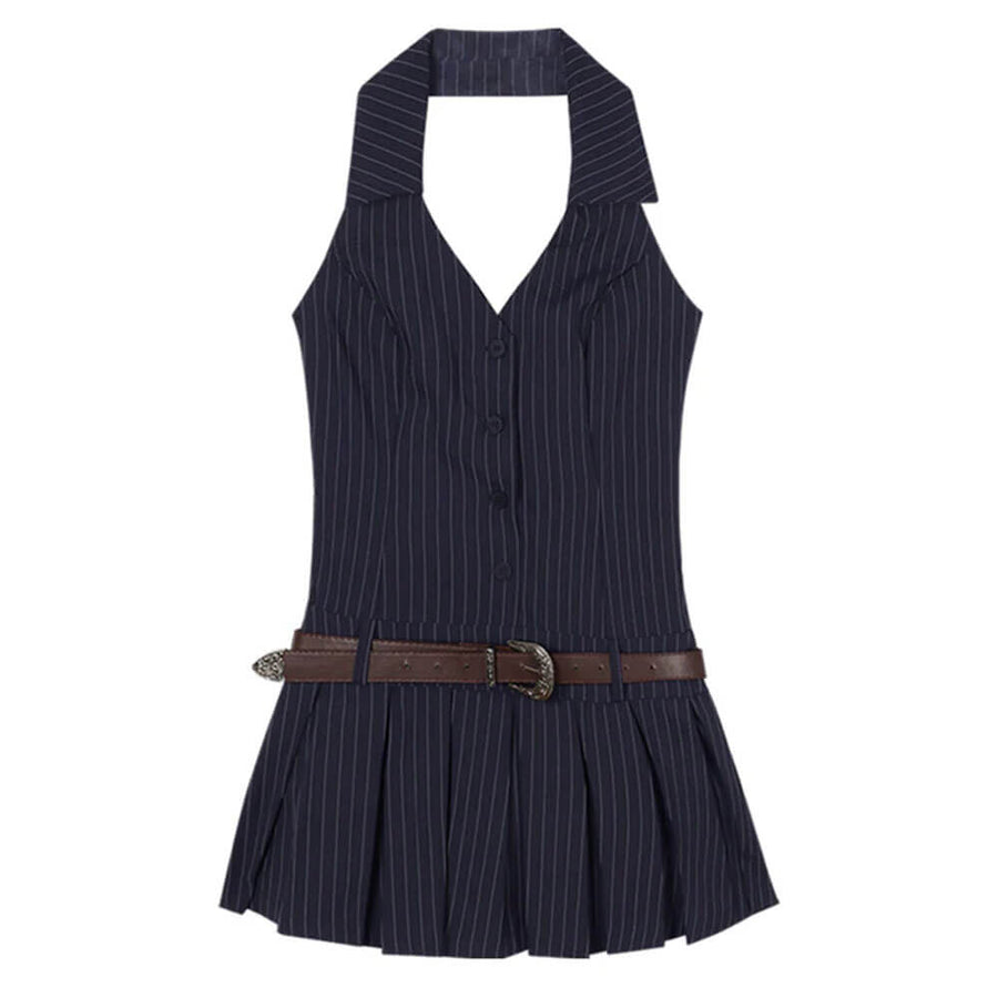 Boogzel Apparel Pinstripe Halter Pleated Mini Dress