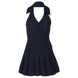 Boogzel Apparel Pinstripe Halter Pleated Mini Dress, view 6