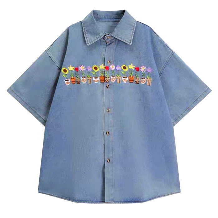 Boogzel Apparel Plants & Pots Embroidery Denim Shirt