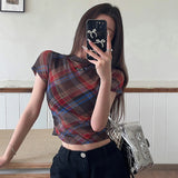 Boogzel Apparel Preppy Plaid Mesh Crop Top, view 4
