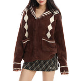 Boogzel Apparel Preppy Plush Argyle Cardigan, view 4