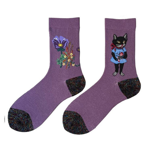 Boogzel Apparel Purple Flower & Cat Aesthetic Socks
