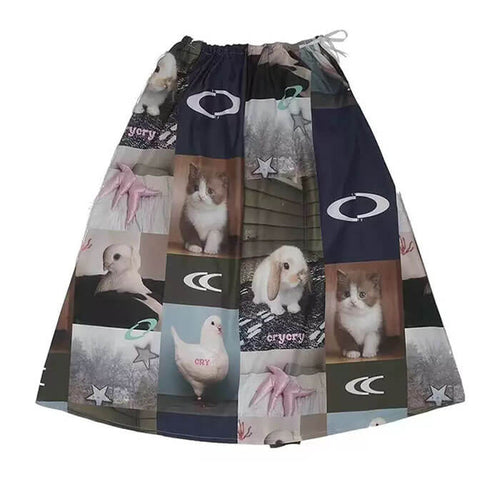 Boogzel Apparel Rabbit & Cat Print Aesthetic Midi Skirt