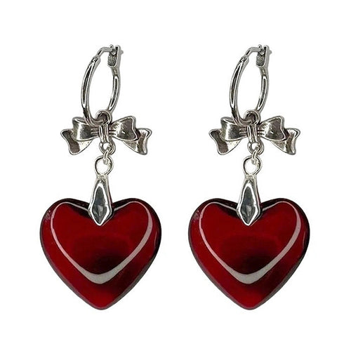 Boogzel Apparel Red Stone Heart Bow Earrings