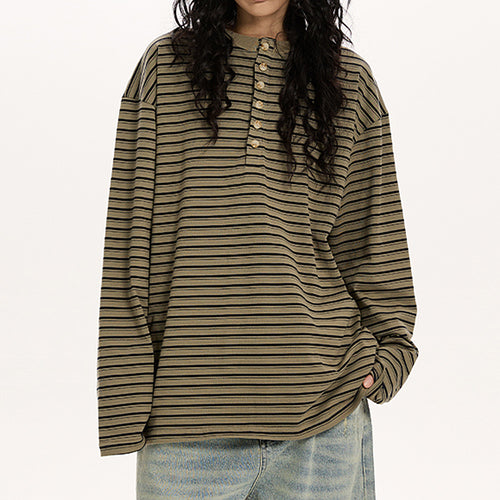Boogzel Apparel Relaxed Striped Button Up Long Sleeve Top