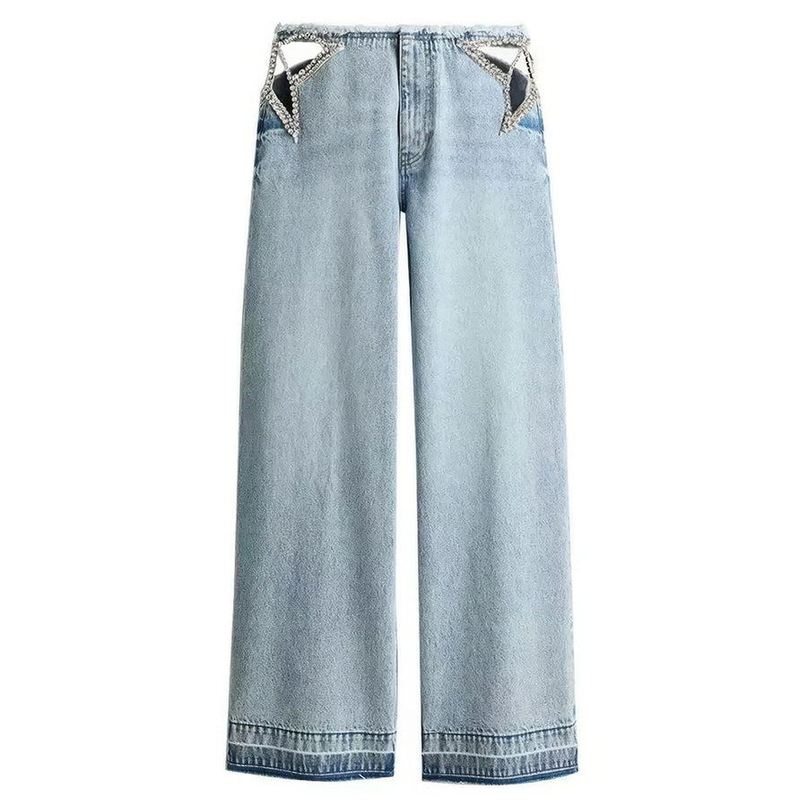 Boogzel Apparel Rhinestone Star Cutout Wide Leg Jeans