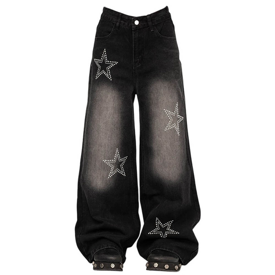 Boogzel Apparel Rhinestone Star Wide Leg Jeans