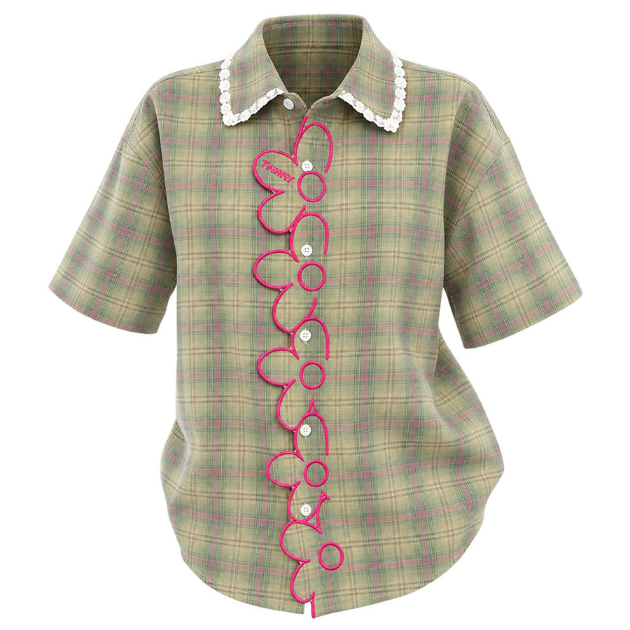 Boogzel Apparel Sage Green Plaid Flower Trim Shirt