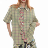Boogzel Apparel Sage Green Plaid Flower Trim Shirt, view 2