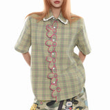 Boogzel Apparel Sage Green Plaid Flower Trim Shirt, view 3