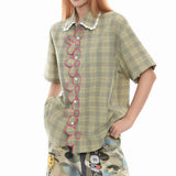 Boogzel Apparel Sage Green Plaid Flower Trim Shirt, view 4