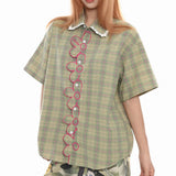 Boogzel Apparel Sage Green Plaid Flower Trim Shirt, view 5