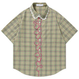 Boogzel Apparel Sage Green Plaid Flower Trim Shirt, view 6